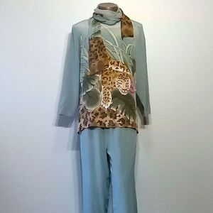 Beautiful Animal print 2pc Green Long sleeves pants set by Carole Patterson